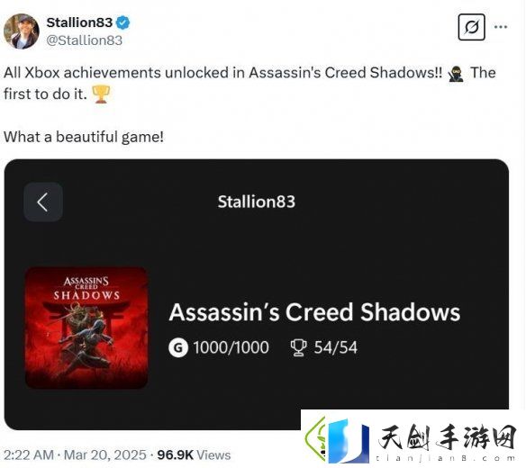 快人一步！知名玩家在刺客信条：影正式发售前达成全成就